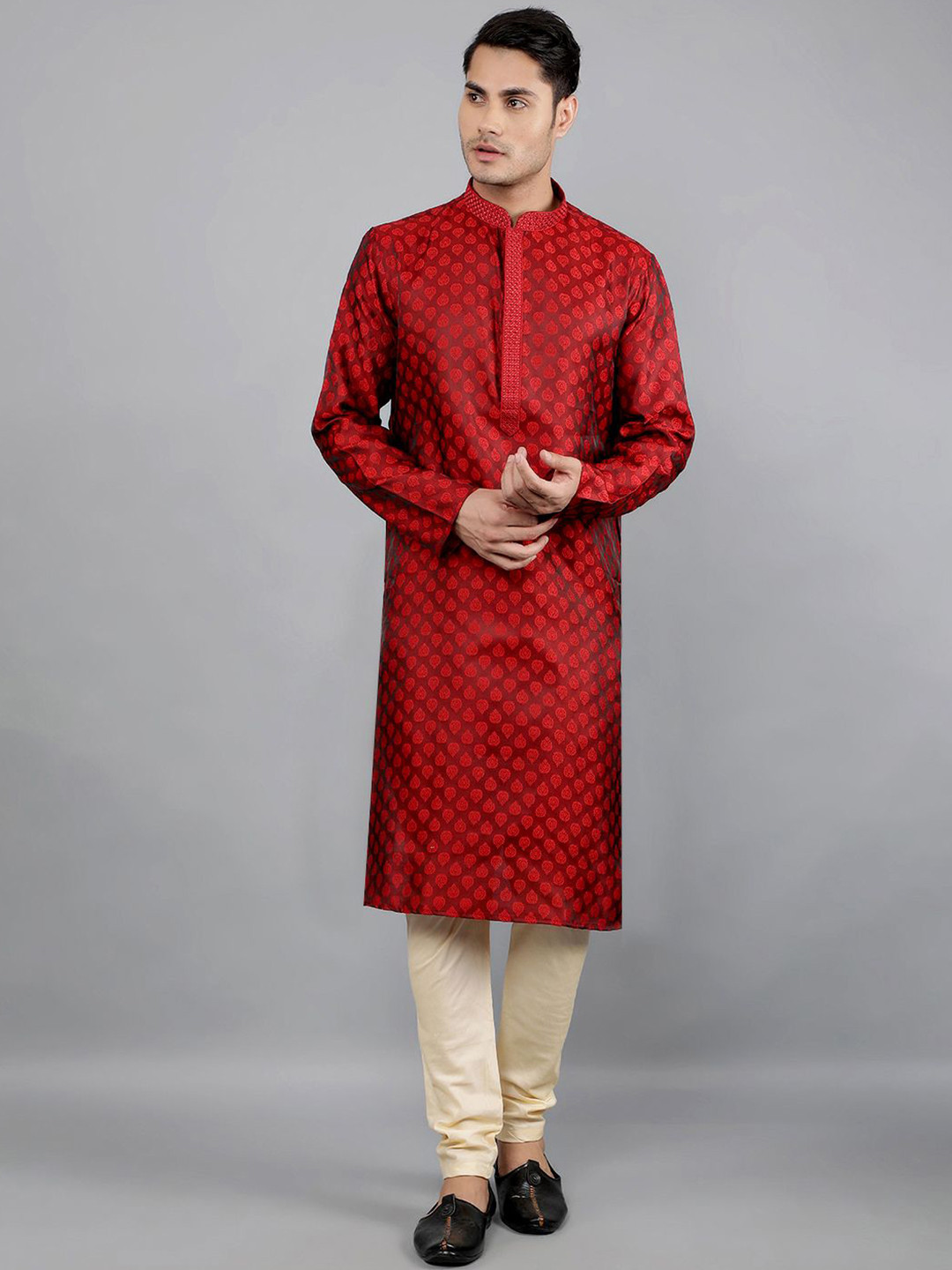 Manish Creations Men's Ethnic Motifs Woven Design Jacquard Kurta with Churidar
