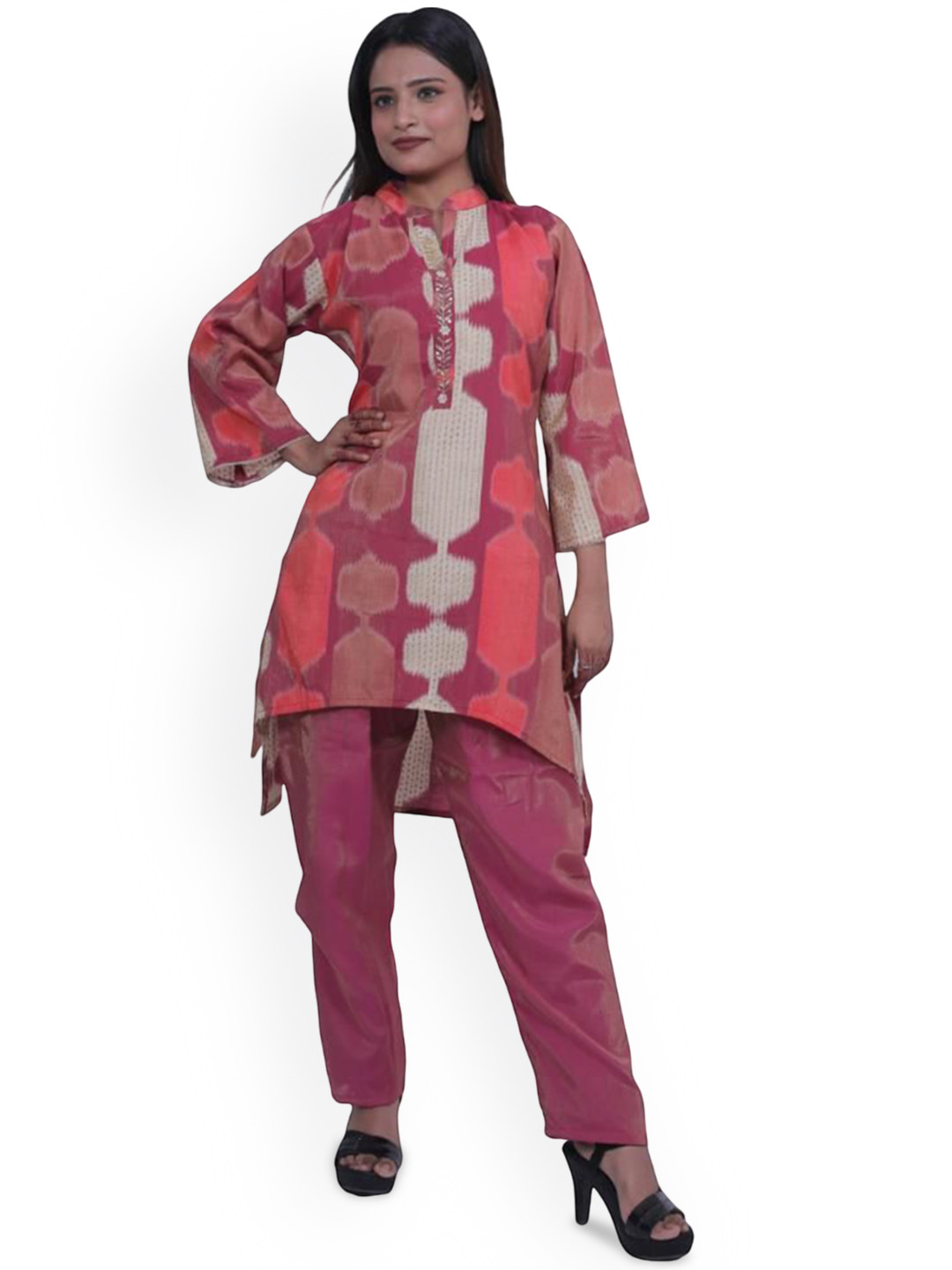Wavy Collection Aabstract Printed Thread Work Pure Silk A-Line Kurta with Trouser