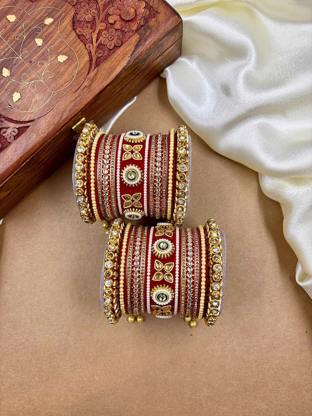 Wedding Chuda by Hitesh Bangles Set of 14 Traditional Red and Golden Zari Royal Chuda
