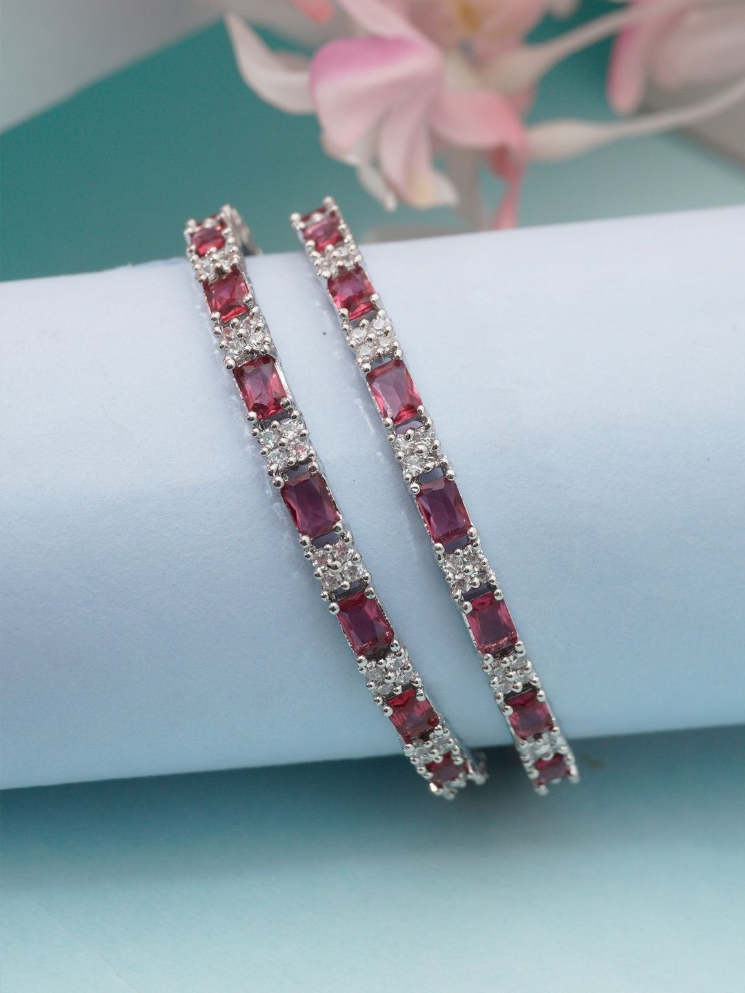 Niscka Set Of 2 Silver-Plated Ruby American Diamond Bangles