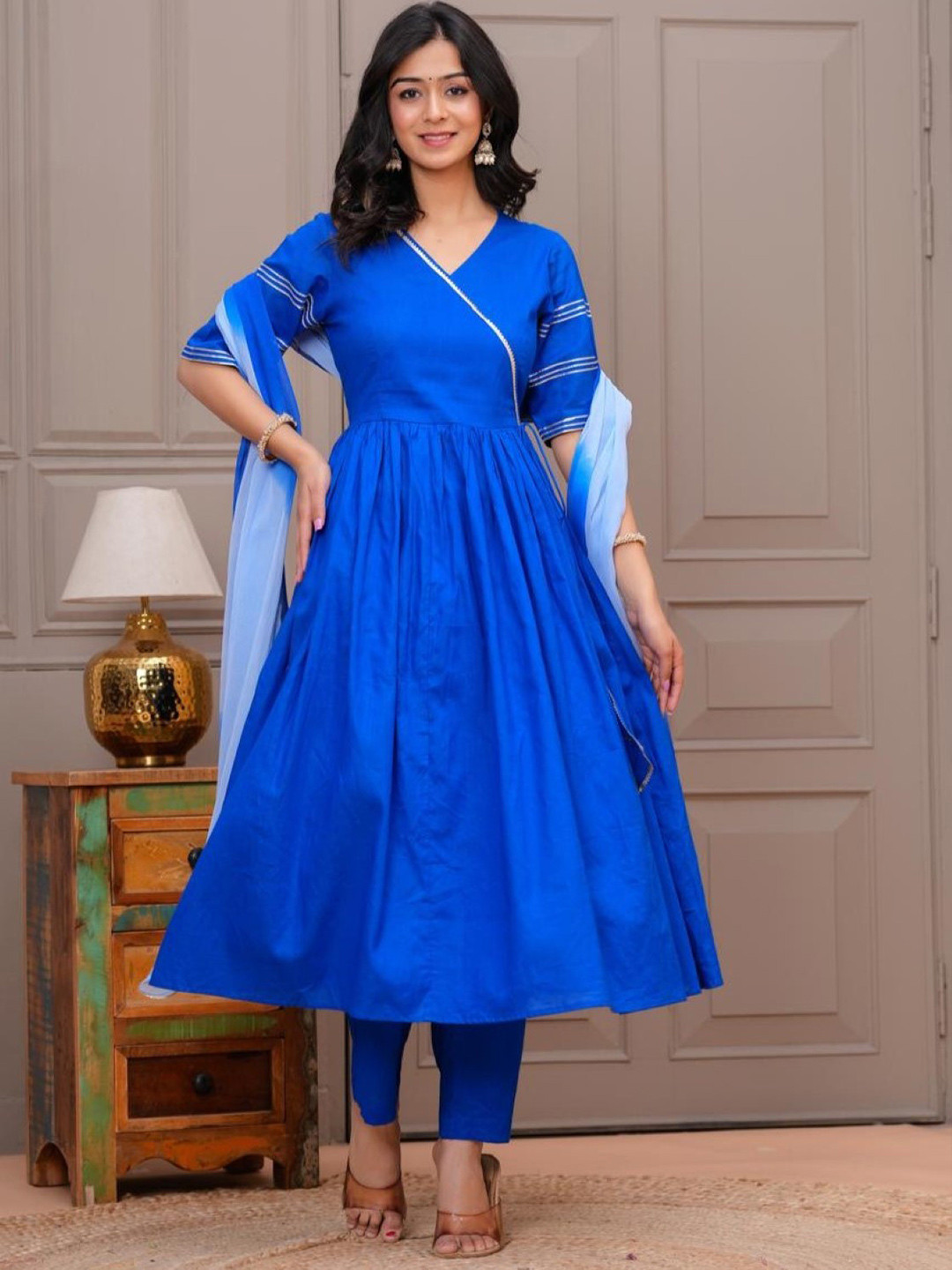 AUTUMN LANE V-Neck Gotta Patti Pure Cotton Anarkali Kurta With Trousers And Dupatta