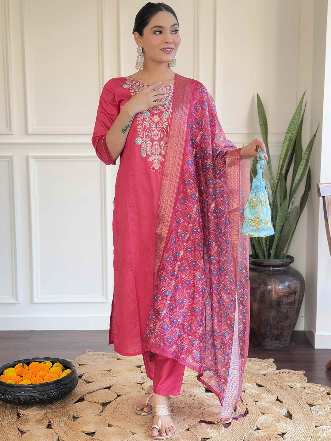 4 season Floral Yoke Design Sequinned Chanderi Silk Straight Kurta With Trousers & Dupatta