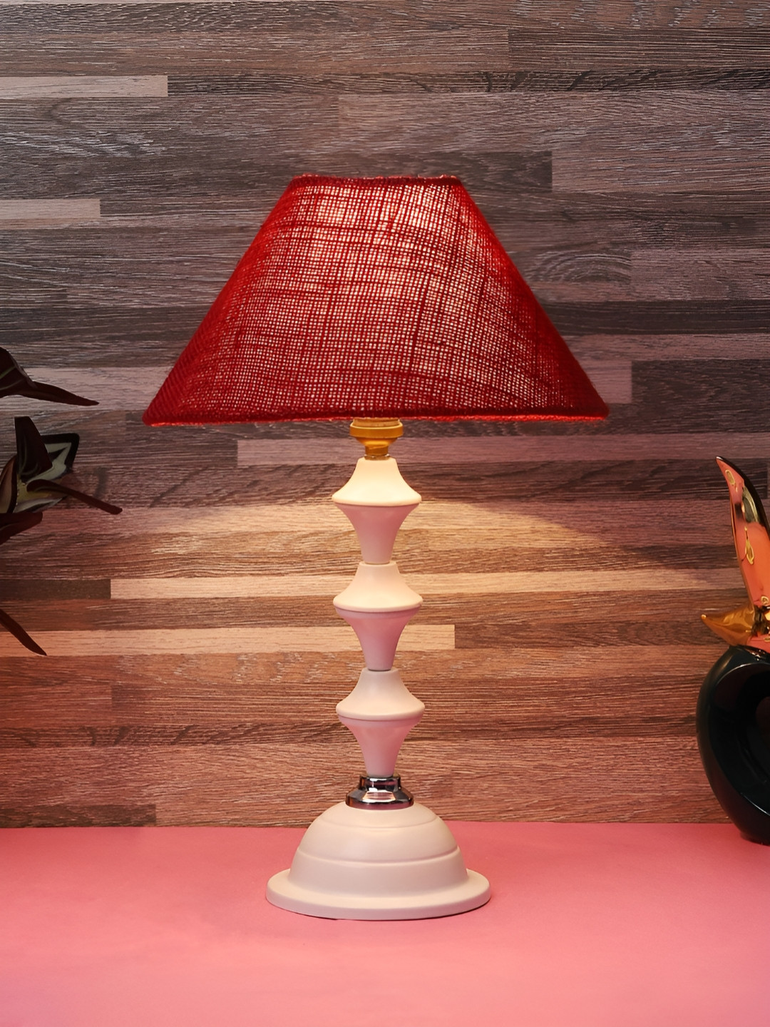 BrightDaisy Red & White Metal Frusturical Shaped Table Lamp