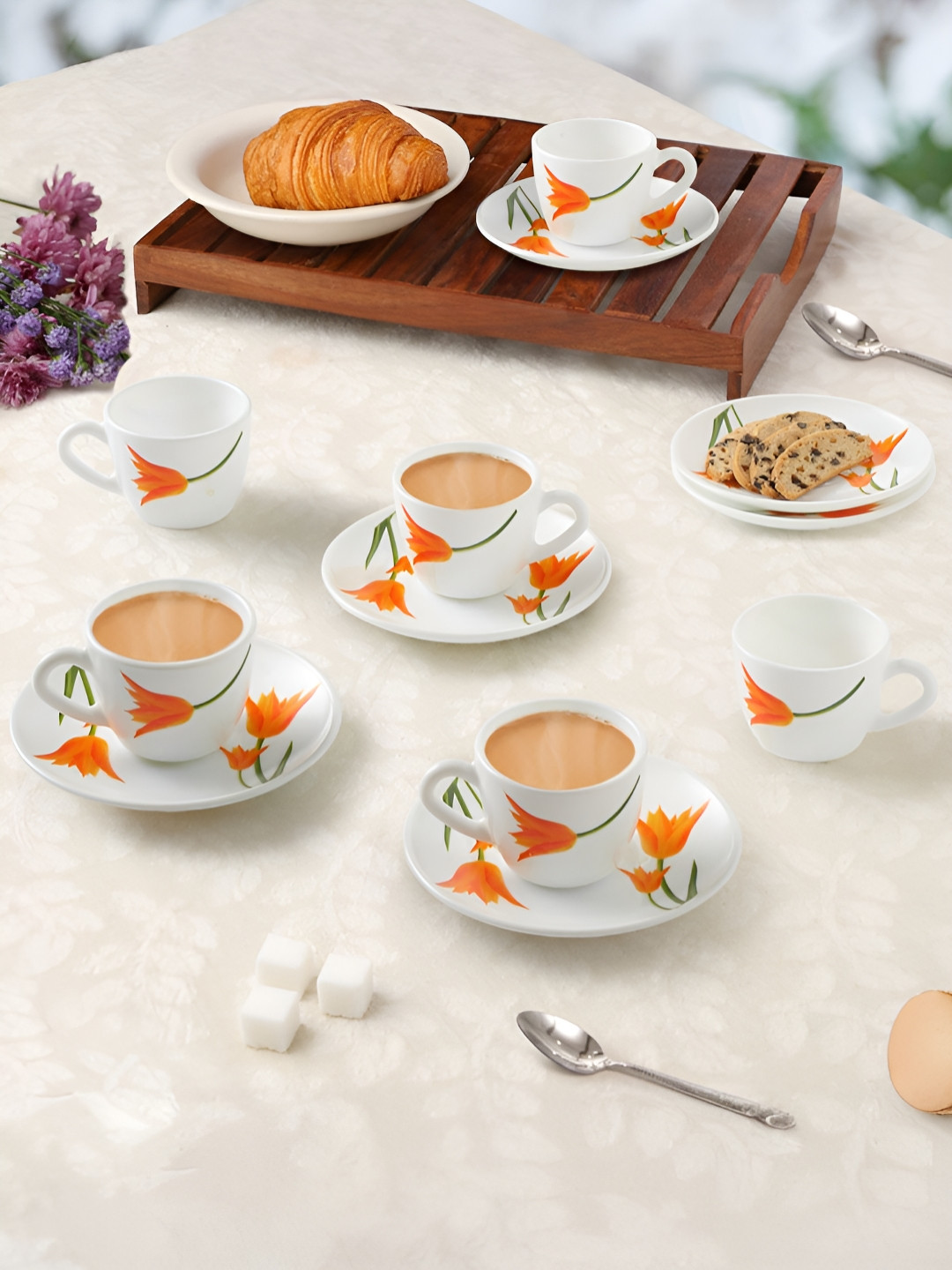 Larah by BOROSIL Firefly 12 Pieces White & Orange Printed Opalware Tea Set - 90 ml Each