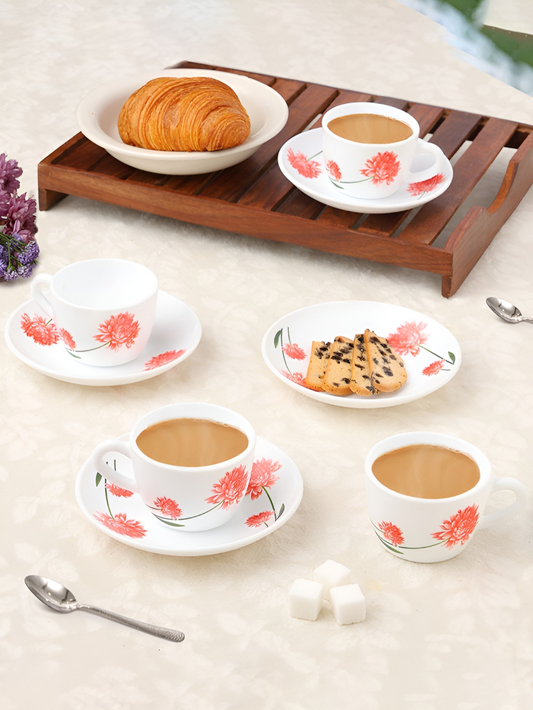 Larah by BOROSIL Belle 8 Pieces White & Pink Printed Opalware Tea Set - 140 ml Each