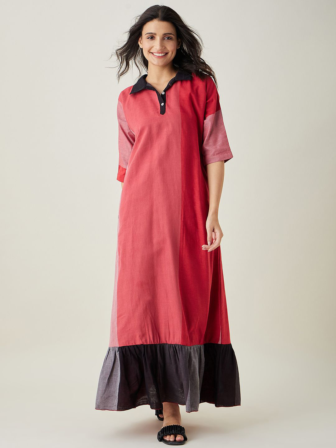 The Kaftan Company Women Colorblock Shirt Collar Maxi Nightdress