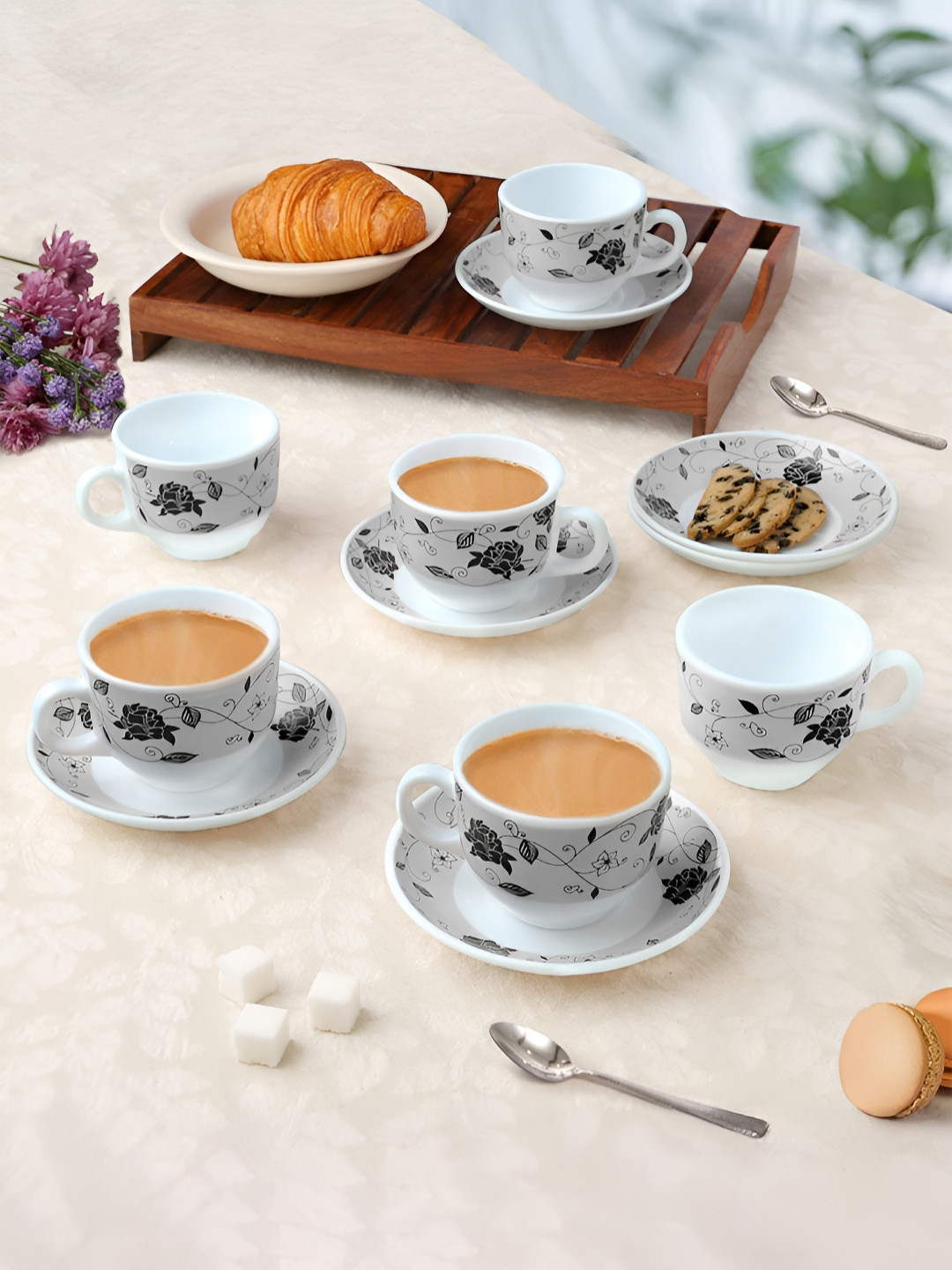 Larah by BOROSIL Rosa 12 Pieces White & Black Printed Opalware Tea Set - 120 ml Each