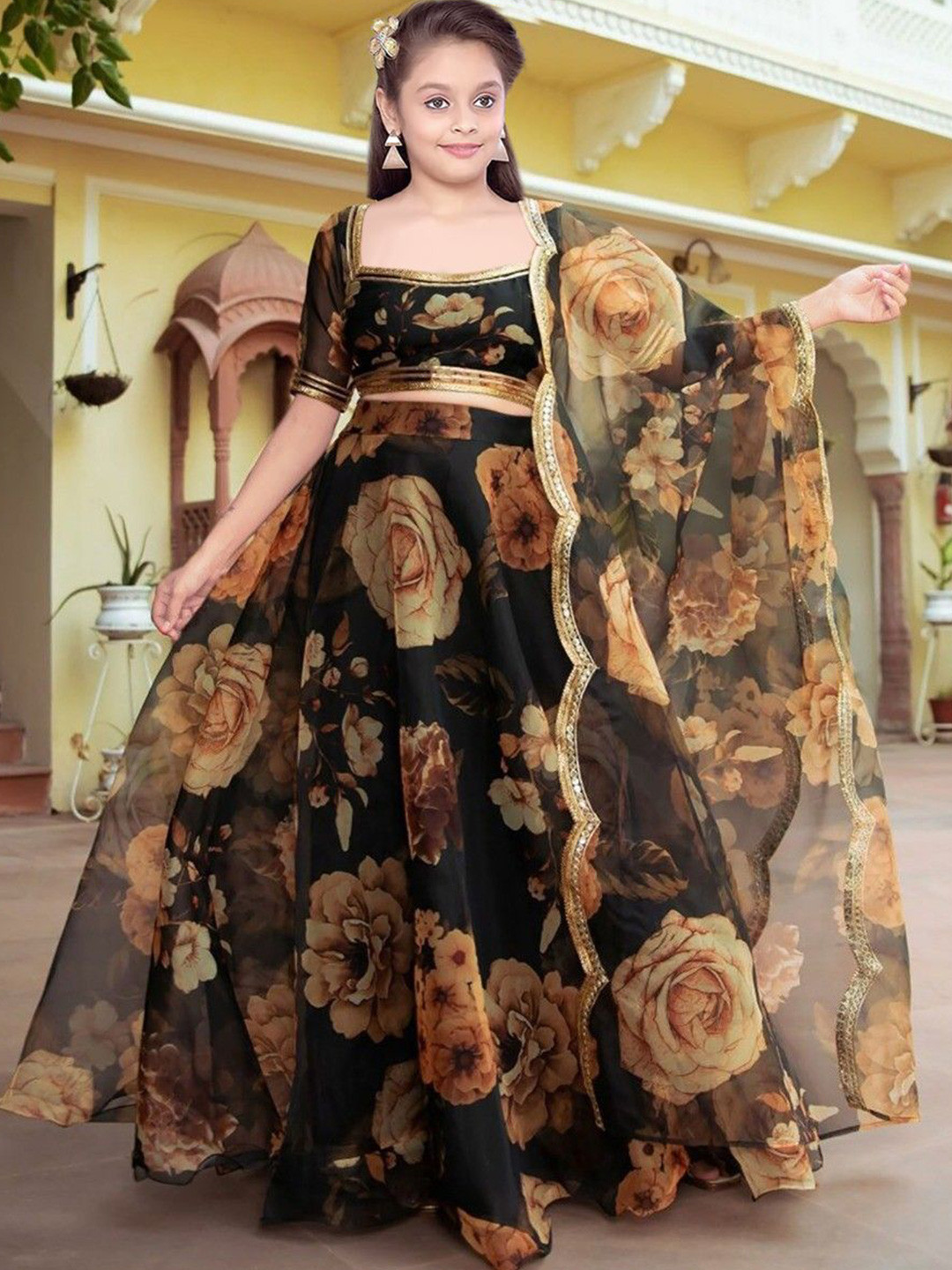 BAESD Girls Floral Printed Organza Semi-Stitched Lehenga & Unstitched Blouse With Dupatta