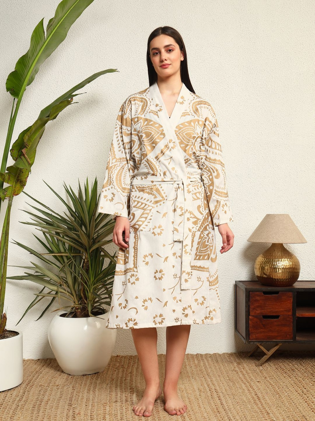 HANDICRAFT PALACE Mandala White Ethnic Motifs Cotton Drawstring Midi Bath Robe