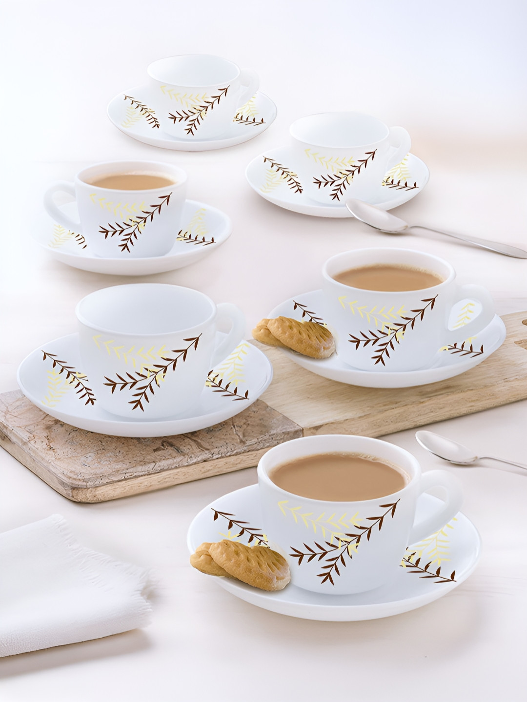 Larah by BOROSIL Oak 12 Pieces White & Brown Printed Opalware Tea Set - 90 ml Each