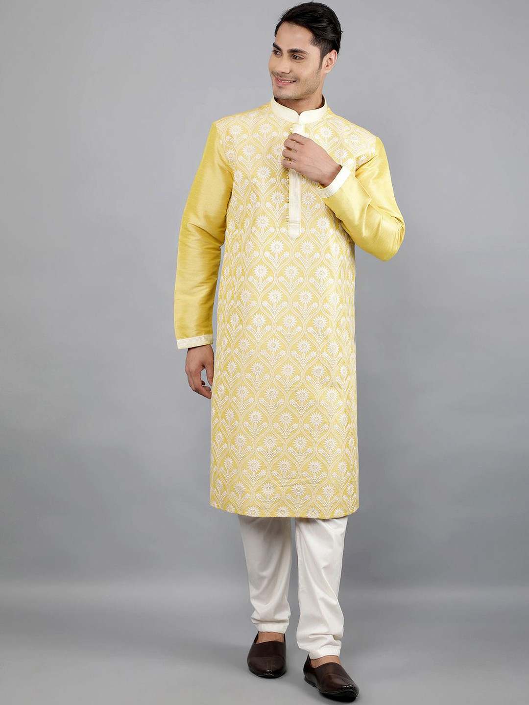 Manish Creations Ethnic Motifs Embroidery Woven Design Band Collar Kurta with Churidar