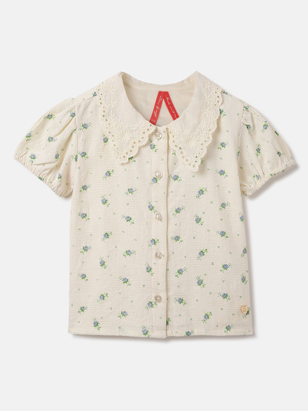 Blue Giraffe Floral Print Peter Pan Collar Puff Sleeve Cotton Shirt Style Top