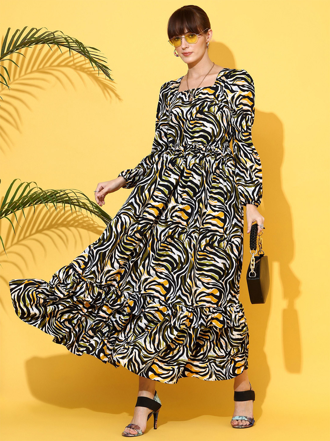 De La Moda Animal Print Crepe Fit & Flare Maxi Dress
