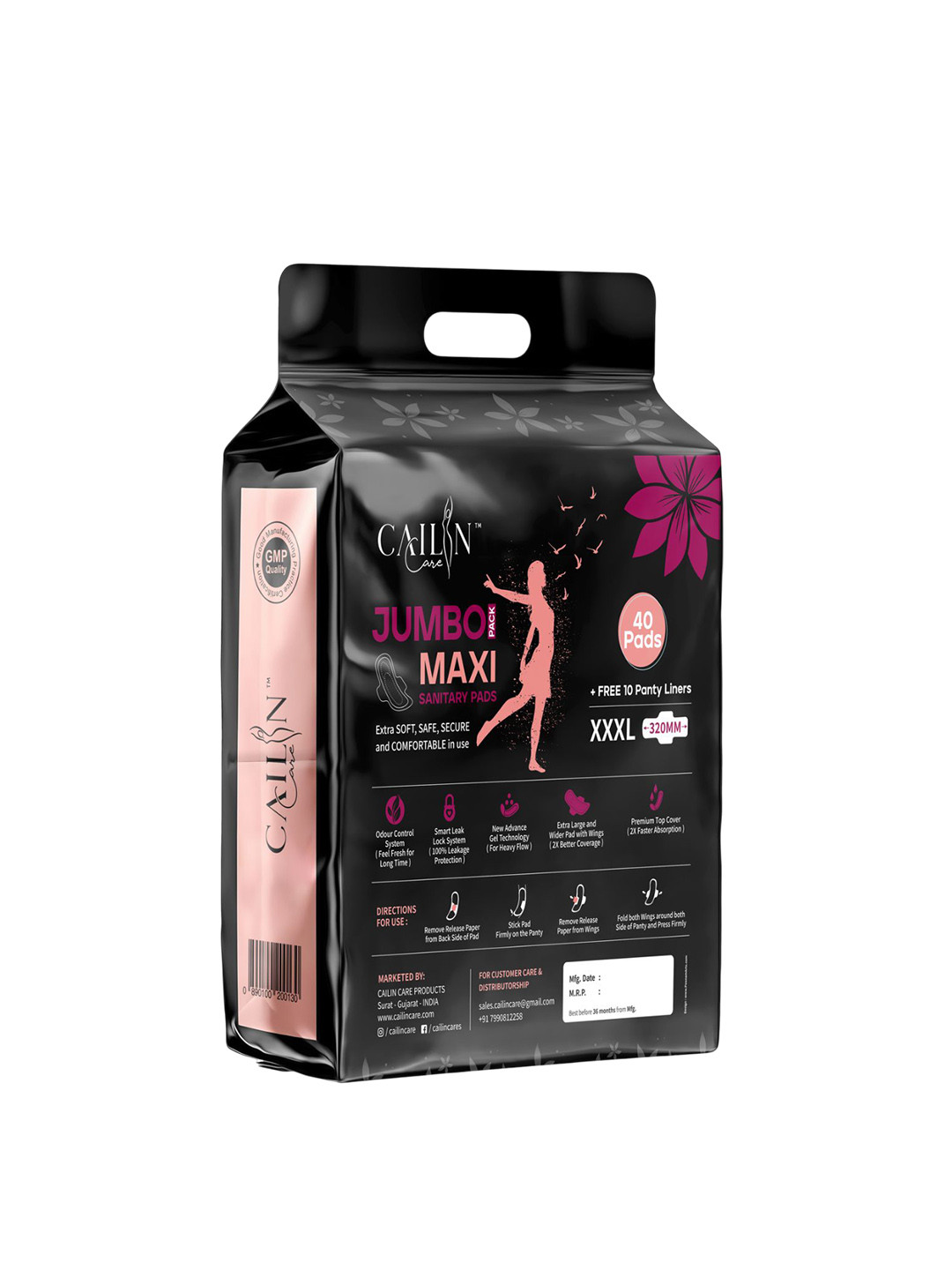 Cailin Care Jumbo Maxi Heavy Flow Sanitary Pads With 10 Panty Liners - XXXL - 40 Pads