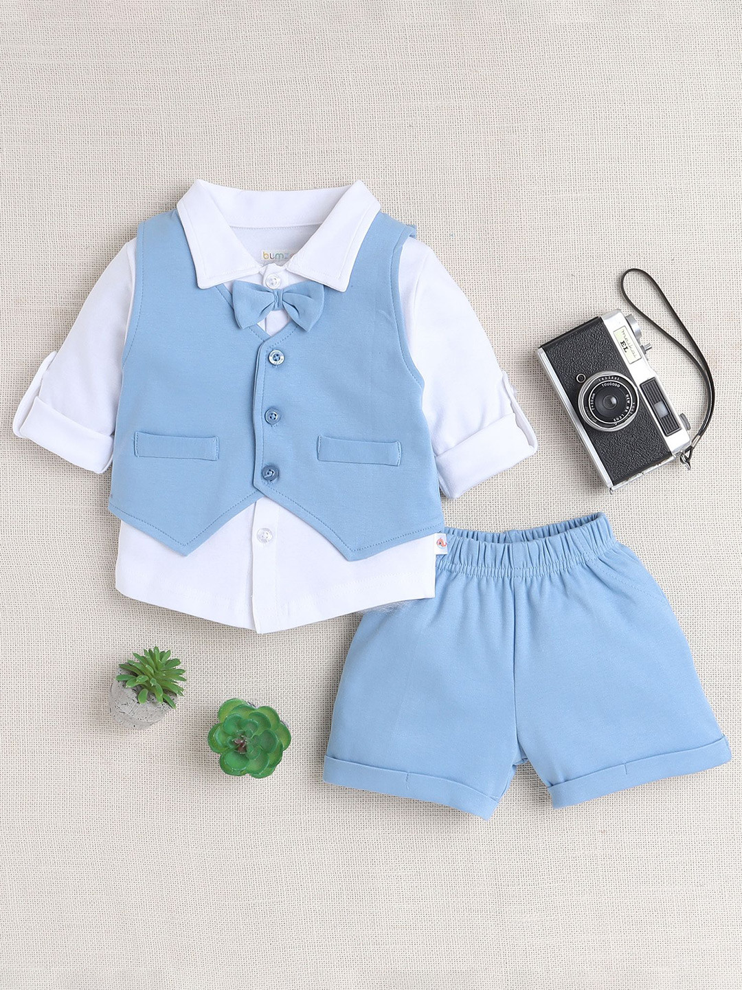 BUMZEE Boys Long Sleeves Pure Cotton Shirt With Shorts & Waistcoat