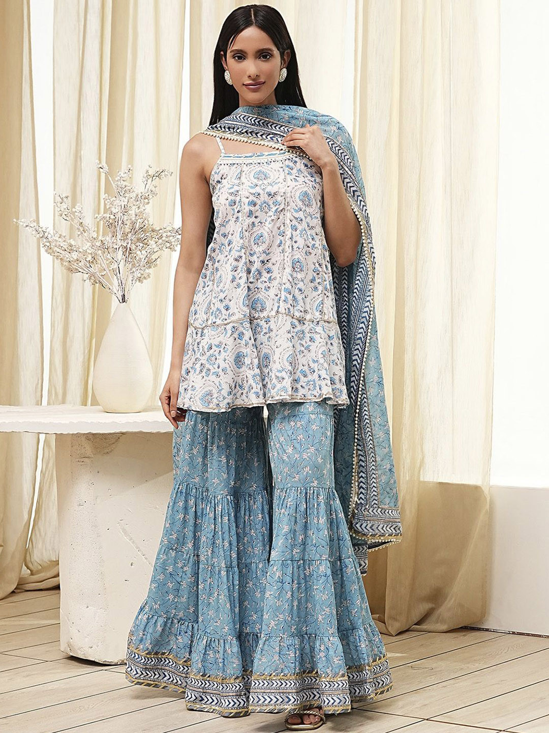 Biba Floral Printed Shoulder Straps Gotta Patti Pure Cotton Kurti With Sharara & Dupatta