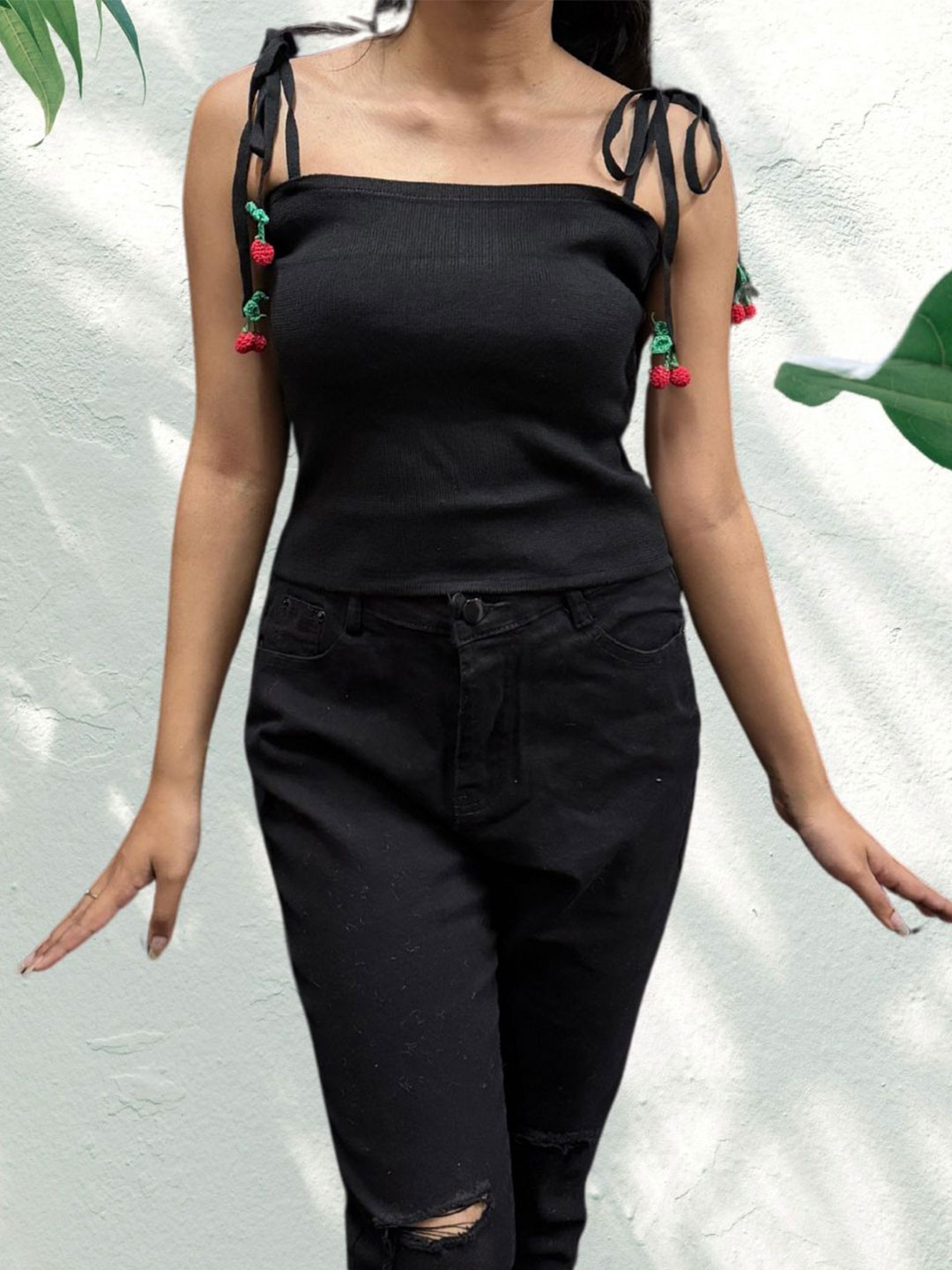 MADE FOR HER LABEL Cherry Knitted Shoulder Knotting Top For Women