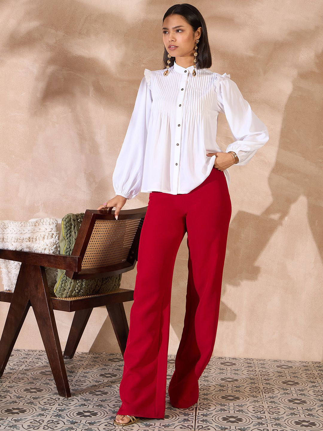 all about you Mandarin Collar Puff Sleeve Crepe Shirt Style Top