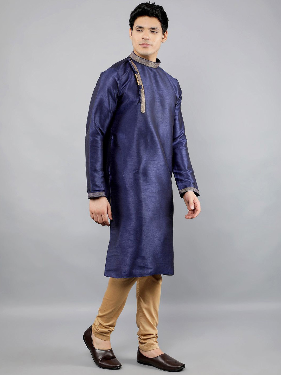 Manish Creations Men's Woven Design Band Collar Kurta with Churidar Set