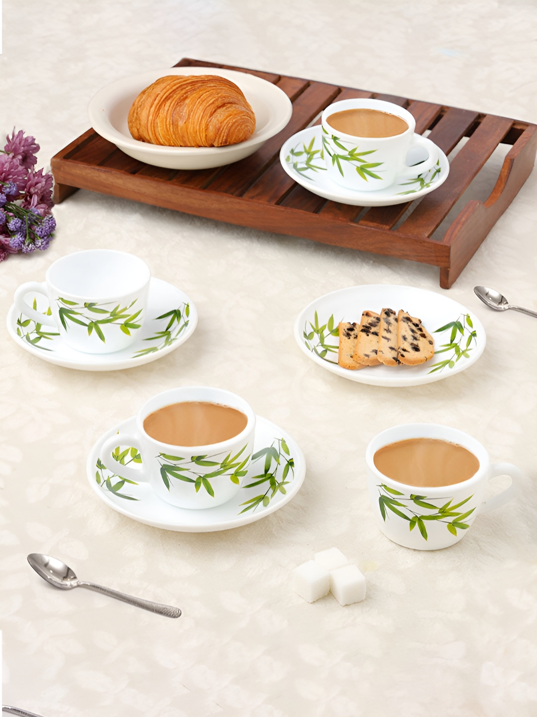 Larah by BOROSIL 8 Pieces White & Green Printed Opalware Glossy Tea Set - 140 ml Each