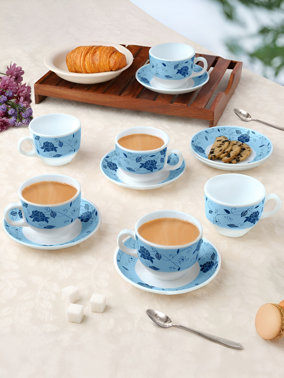 Larah by BOROSIL 12 Piece White & Blue Printed Tea Set