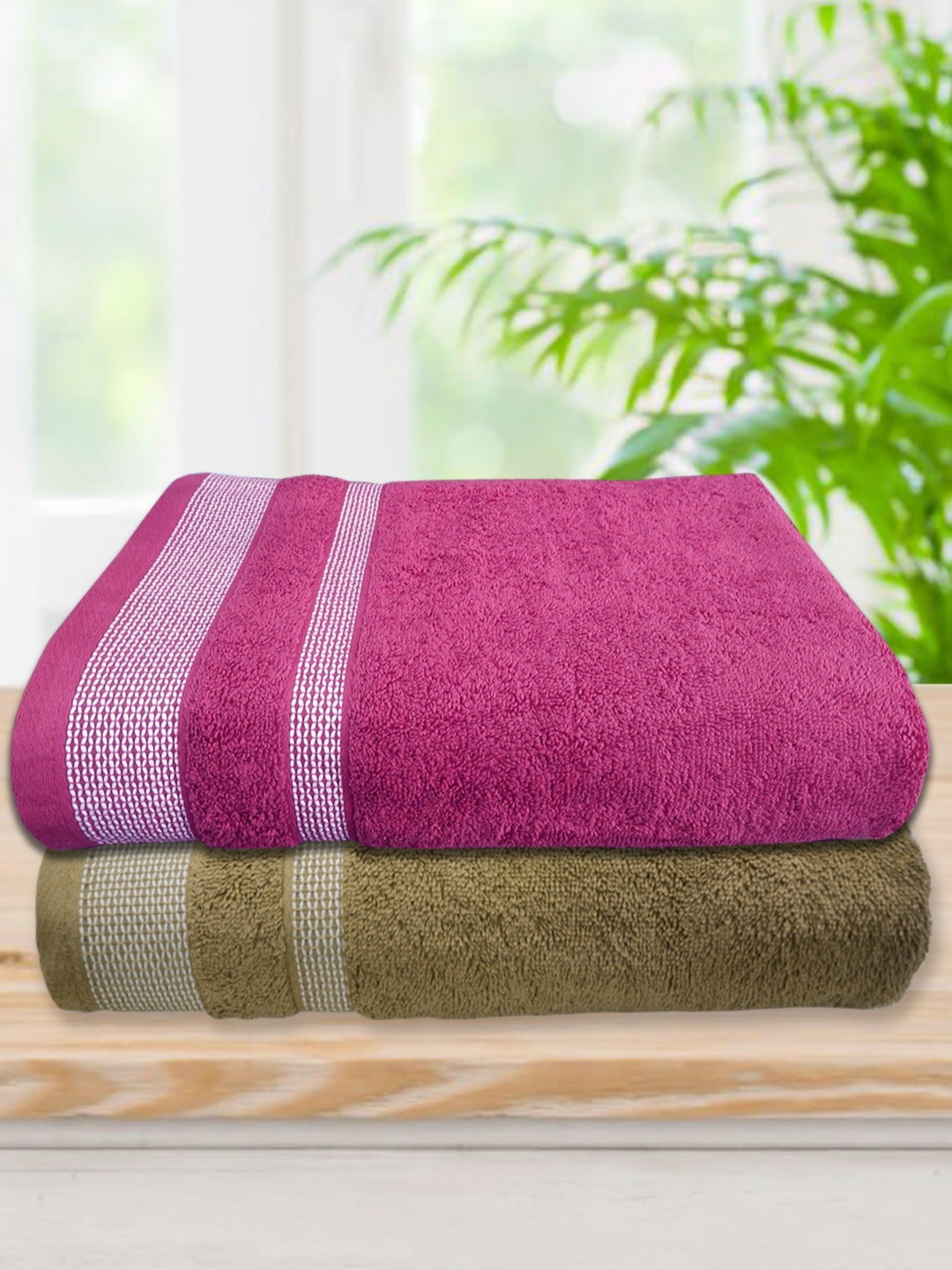 Myntra Elegant Homes Beige & Magenta 2 Pieces Striped 500 GSM Cotton Bath Towel