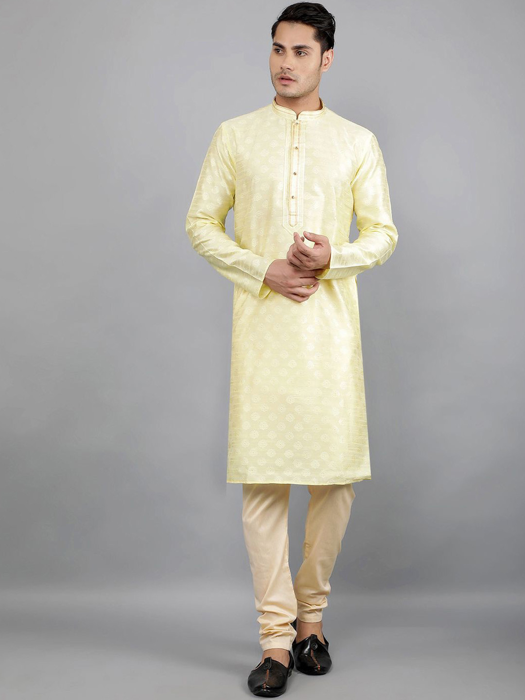 Manish Creations Men's Ethnic Motifs Woven Design Jacquard Kurta with Churidar Set