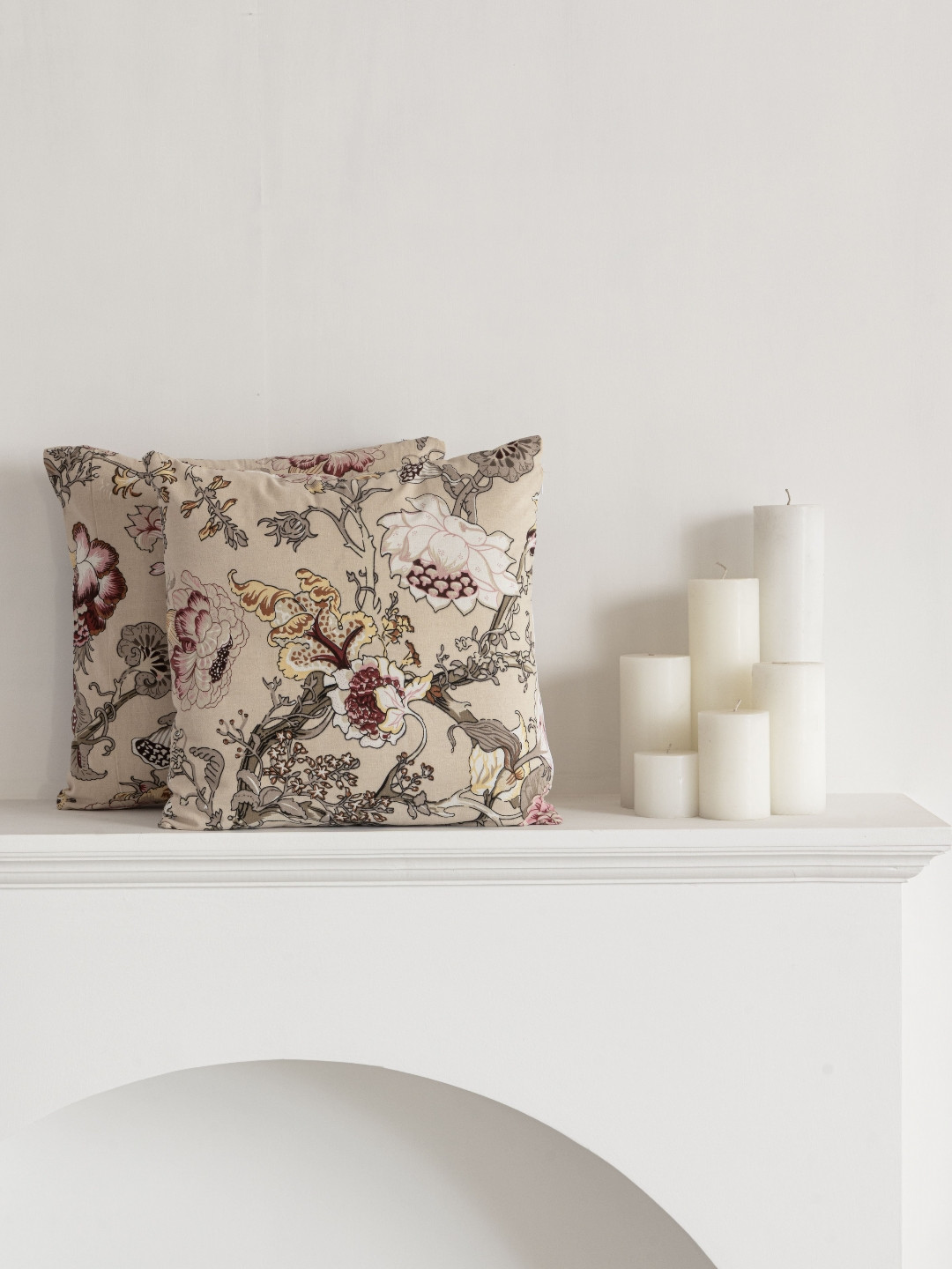 Clasiko Beloved Blossoms Beige Floral Cotton 2 Pcs Square Cushion Covers -16x16In