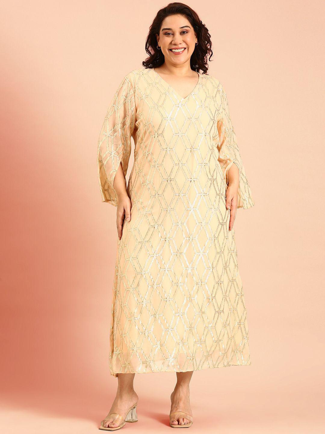 The Pink Moon Slit Sleeve Jacquard Fit & Flare Maxi Dress