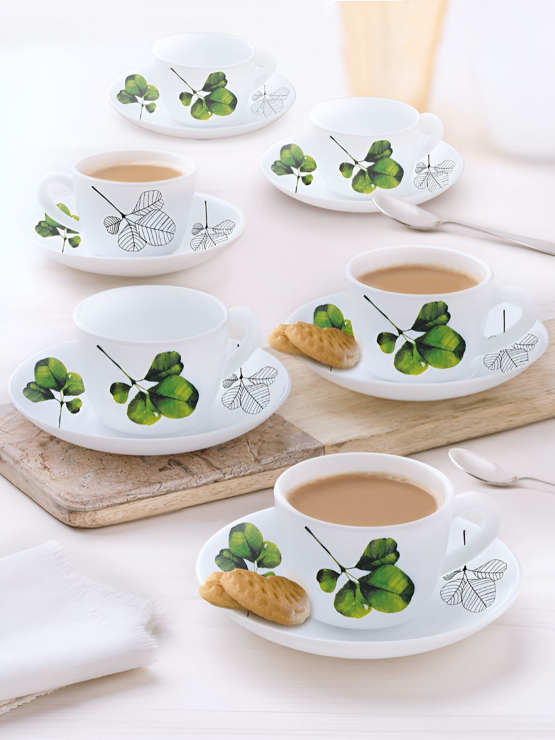 Larah by BOROSIL 12 Piece White & Green Printed Tea Set