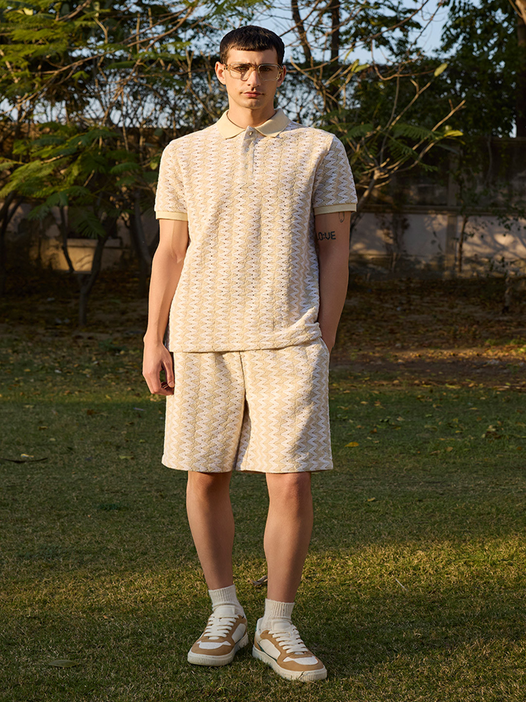 Muvazo Textured Pure Cotton Crochet Polo T-Shirt & Shorts Co-Ord Set