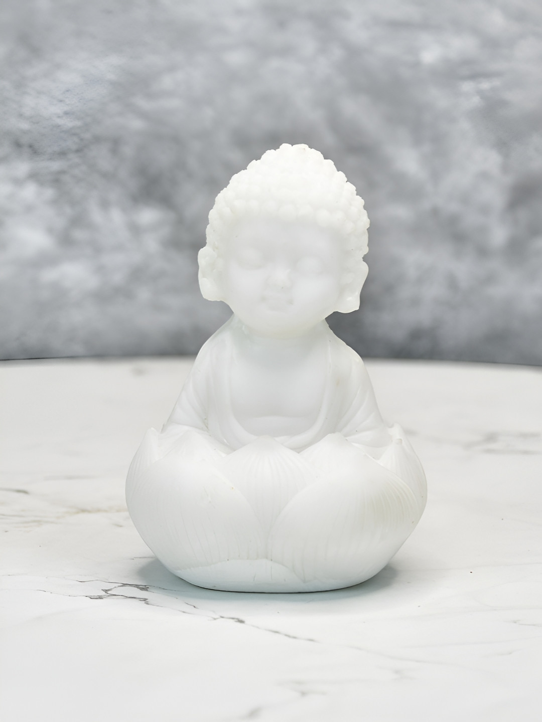 SOWPEACE Sitting Baby Monk White Polyresin Glossy Living Room Small Showpiece - 4.5 Inches