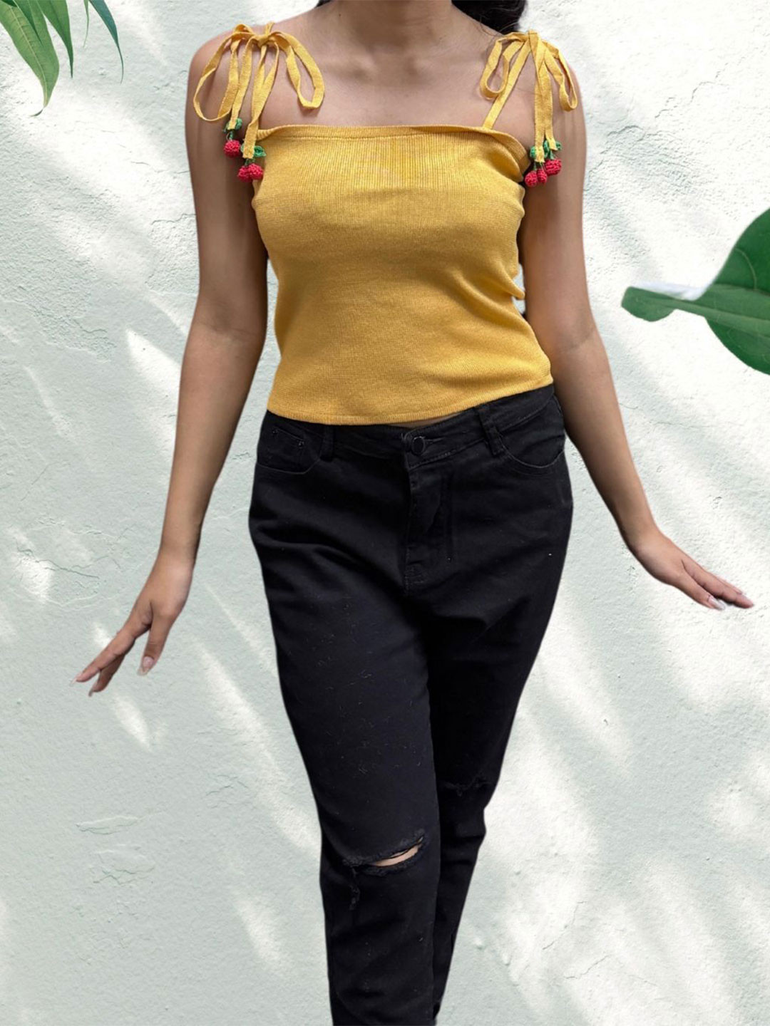MADE FOR HER LABEL Women Cherry Knitted Shoulder Knotting Top
