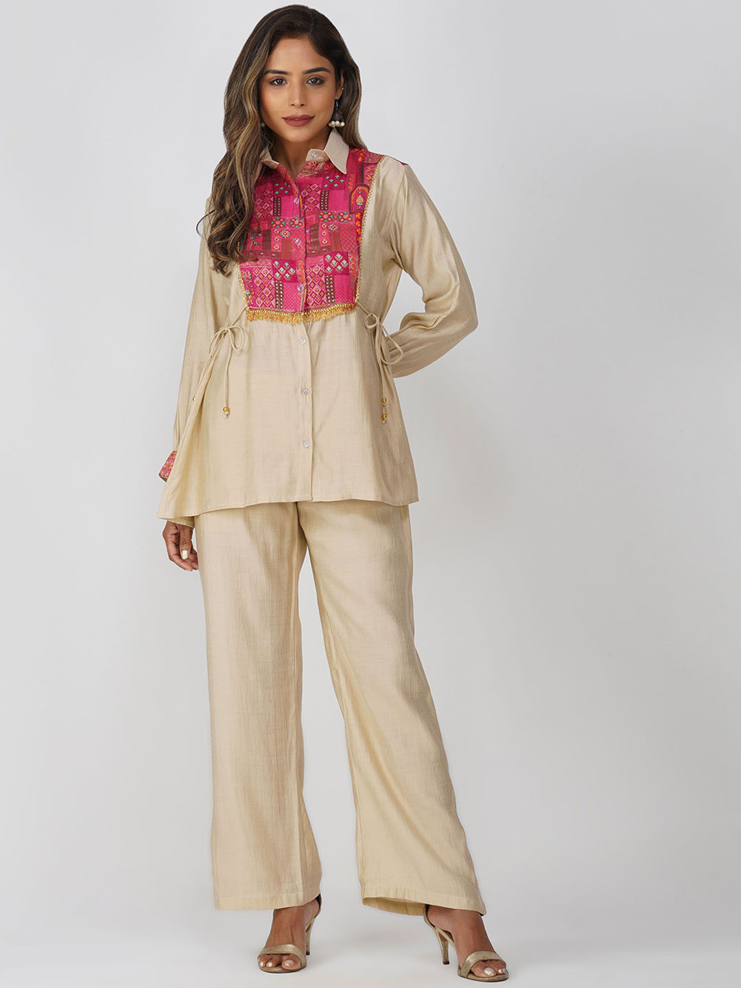Bindigasm Woven Design Shirt Collar Pure Silk Shirt With Trousers