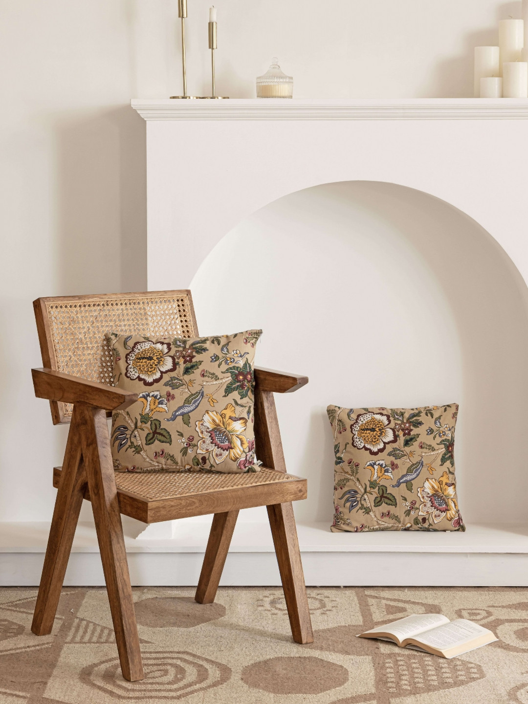 Clasiko Beige Floral Breathable 2 Pcs Square Cotton Cushion Covers