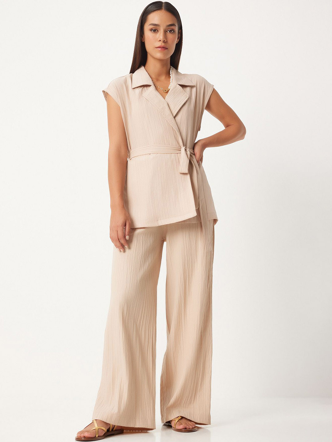 Happiness istanbul Krem Lapel Collar Top & Trousers