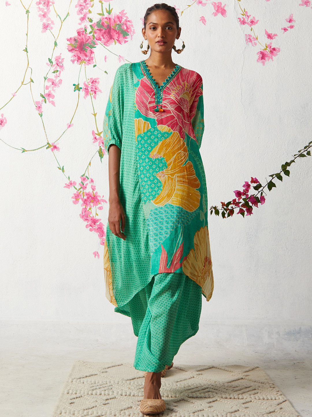 Basil leaf Floral Printed V-Neck Pure Silk Tunic With Palazzo