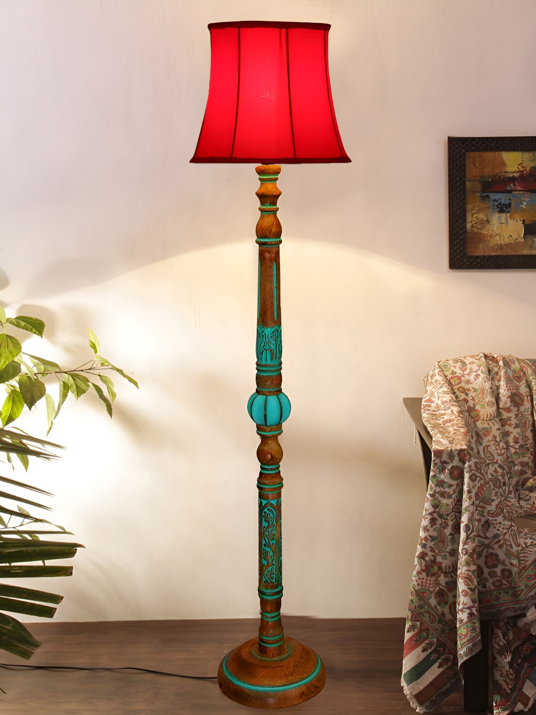 Devansh Red & Brown Floor Lamp With Wooden Base