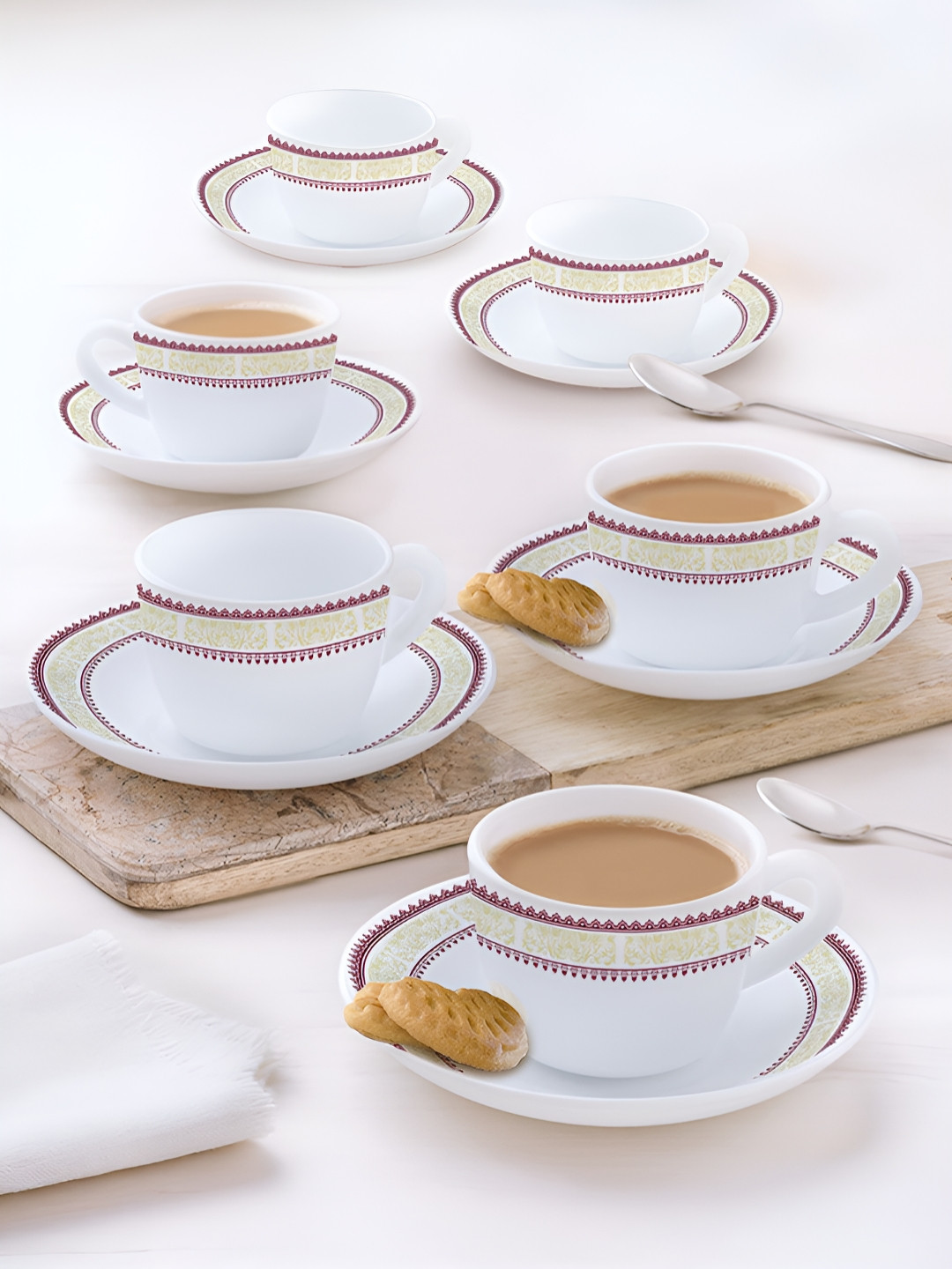 Larah by BOROSIL Elega 12 Pieces White & Brown Printed Opalware Tea Set - 90 ml Each