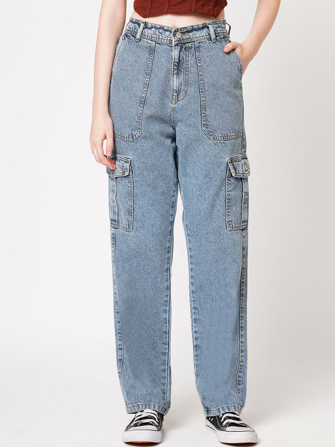 Kraus Jeans Women Regular Fit Light Fade Cotton Cargo Jeans