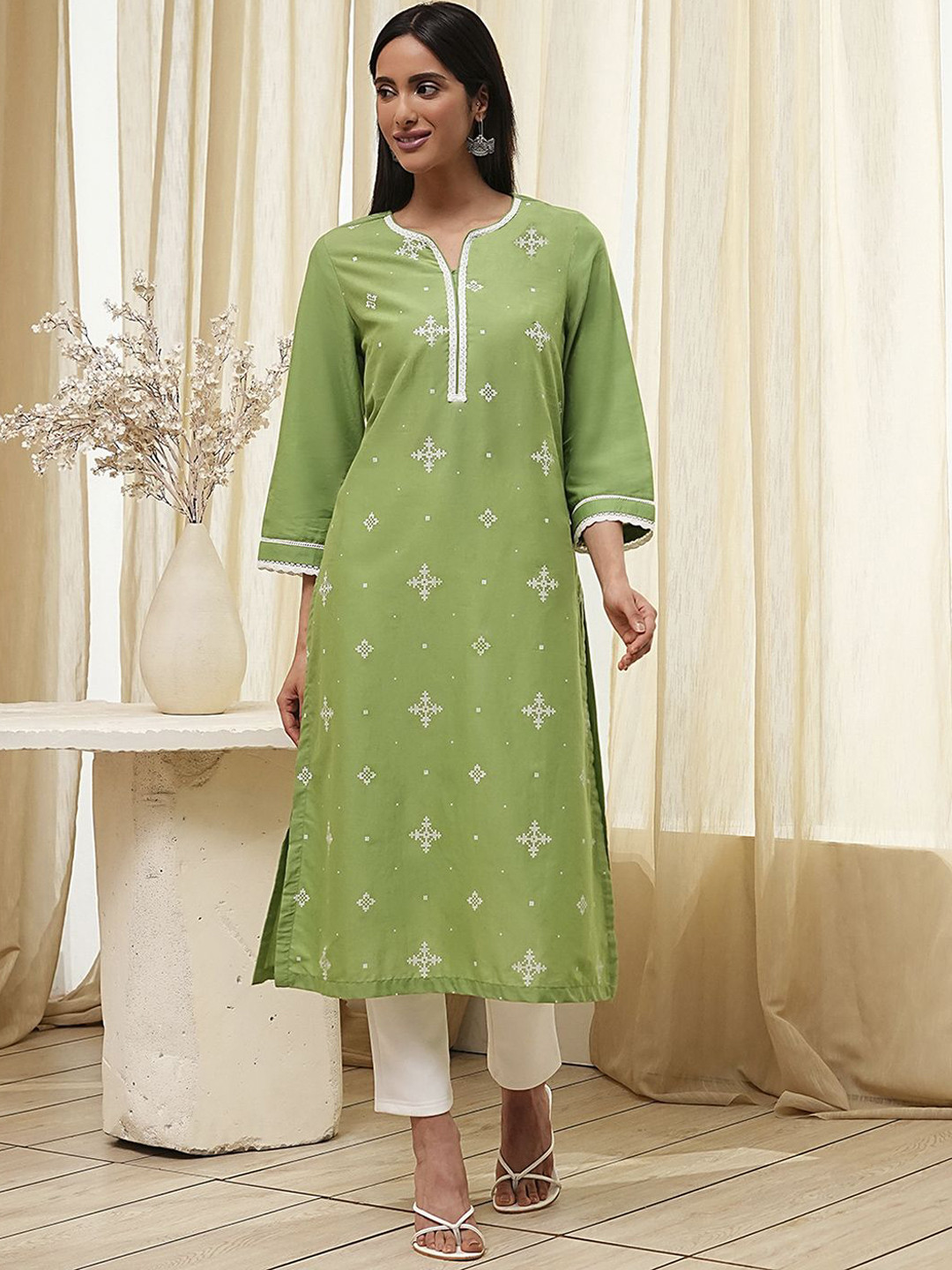 Biba Floral Printed Thread Work Cotton Straight Kurta