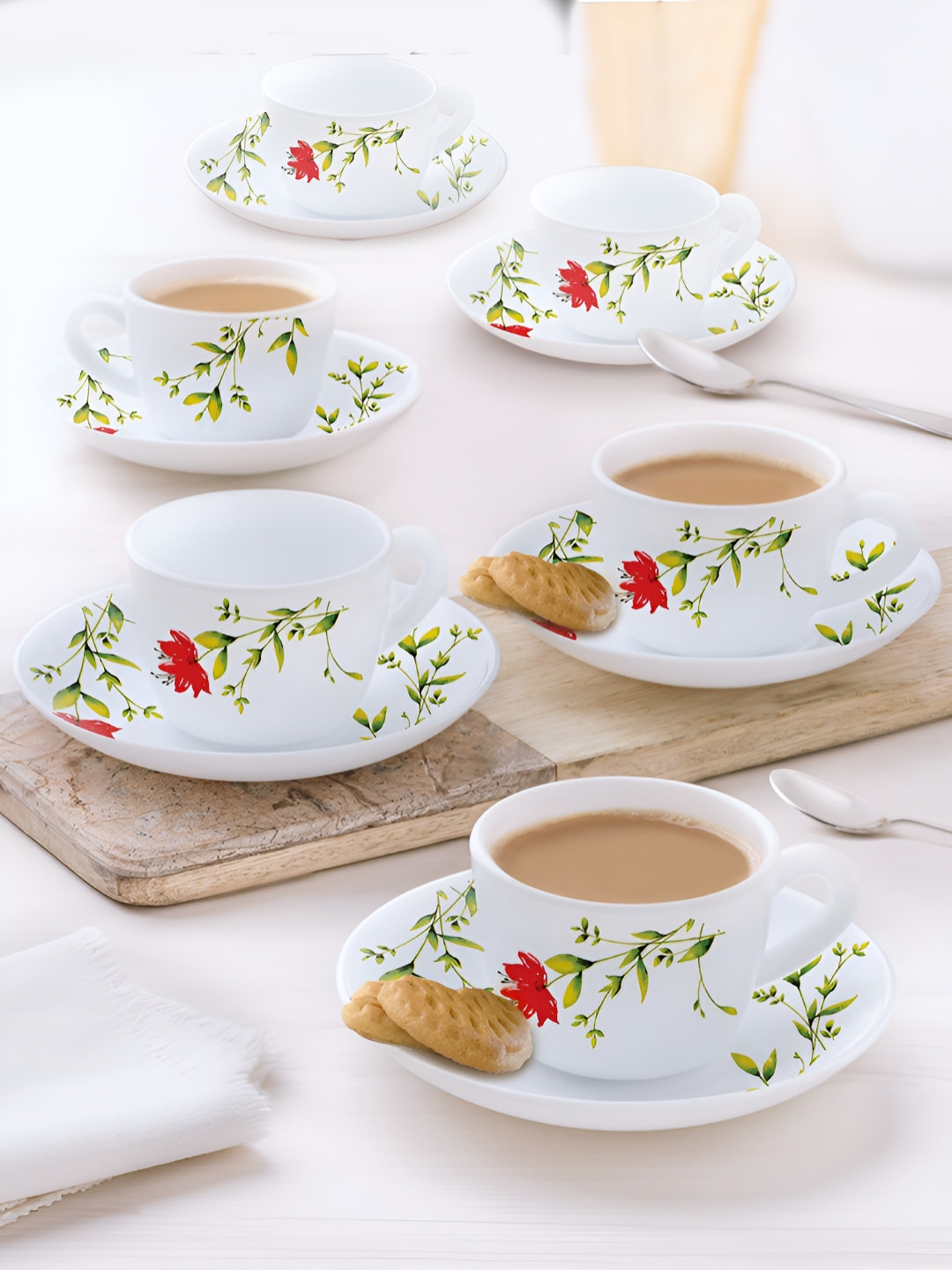 Larah by BOROSIL 12 Piece White & Green Printed Tea Set