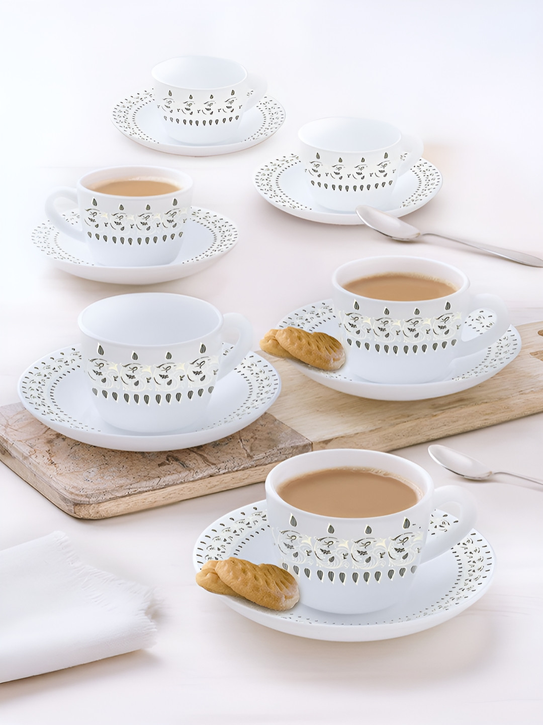 Larah by BOROSIL Ora 12 Pieces White Printed Microwave Safe Opalware Tea Set - 90 ml Each