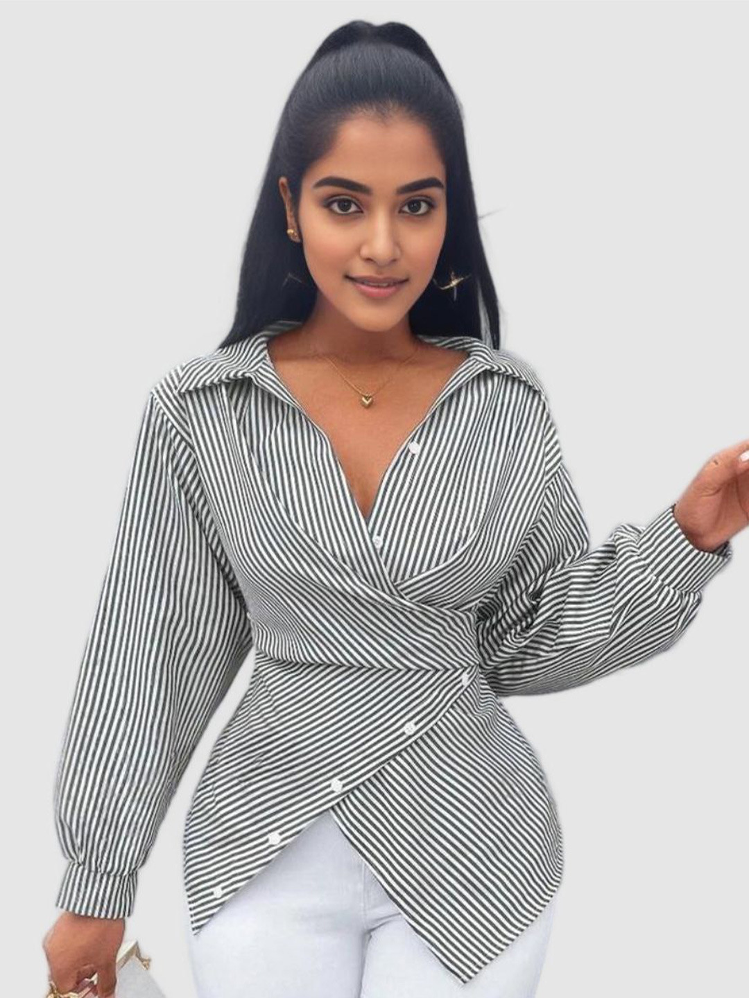 Outzidr Black Striped Wrap Shirt
