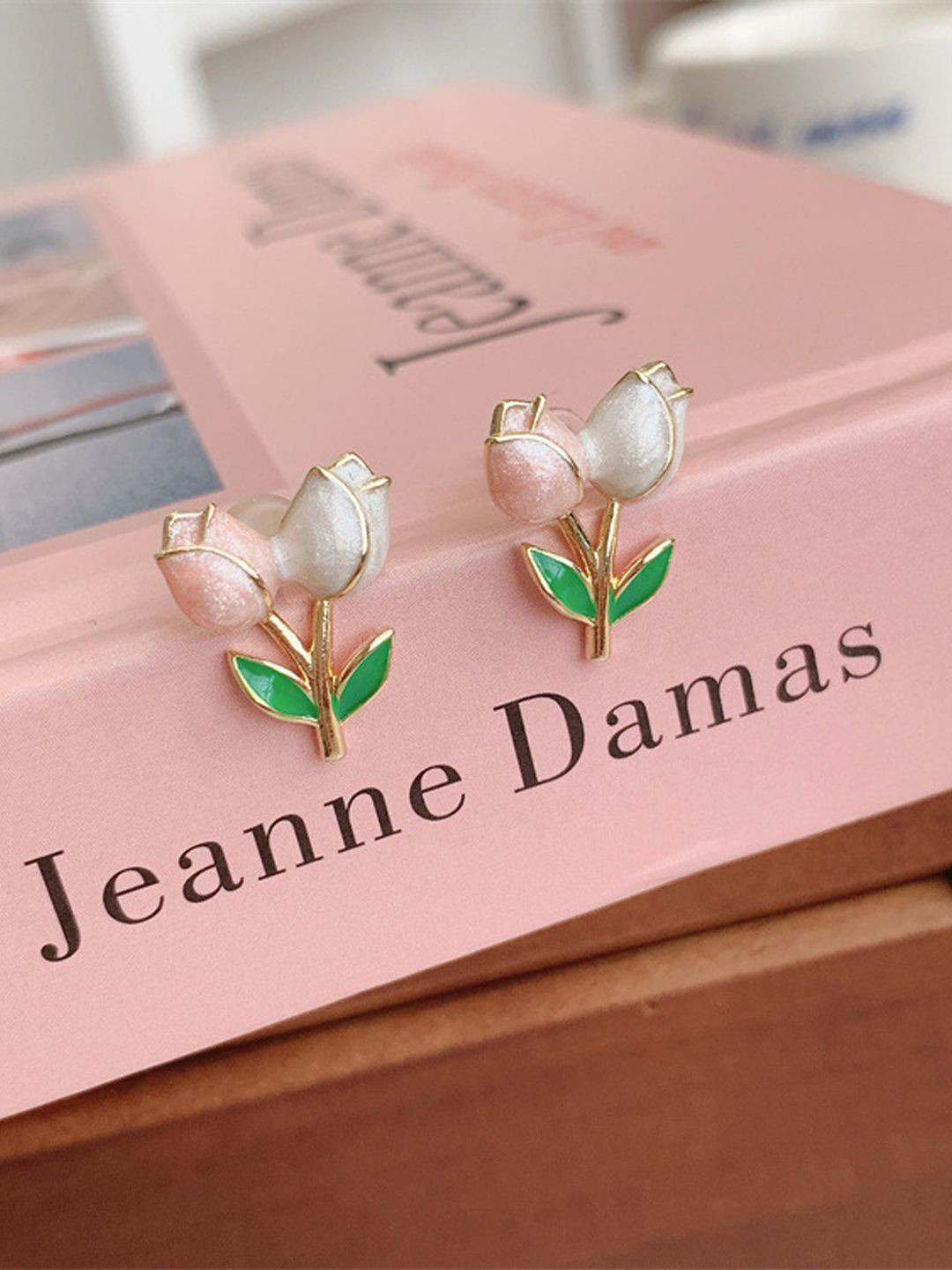FIMBUL Stainless Steel Gold-Plated Floral Tulip Pink Studs