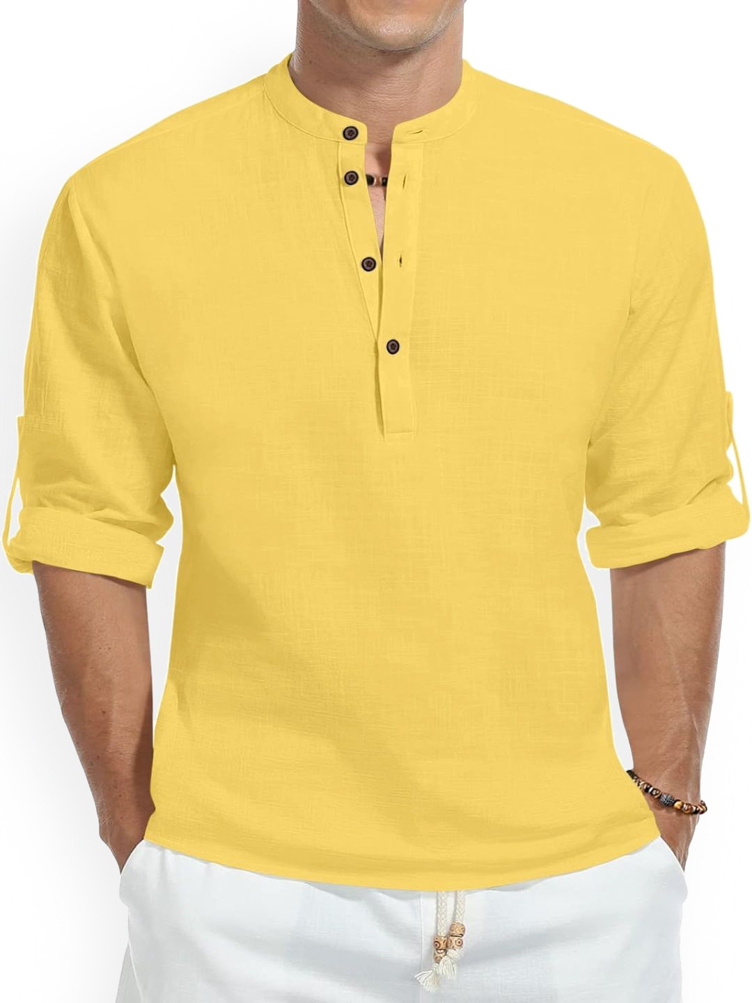 Fifth U Band Collar Roll-Up Sleeves Straight Short Kurta