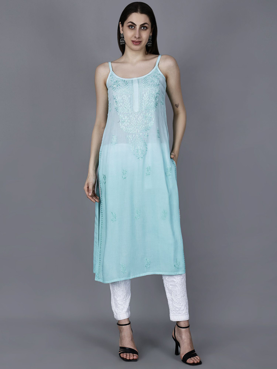 NAZAQAT ETHNIC INDIA Floral Embroidered Chikankari Shoulder Straps Modal Kurta