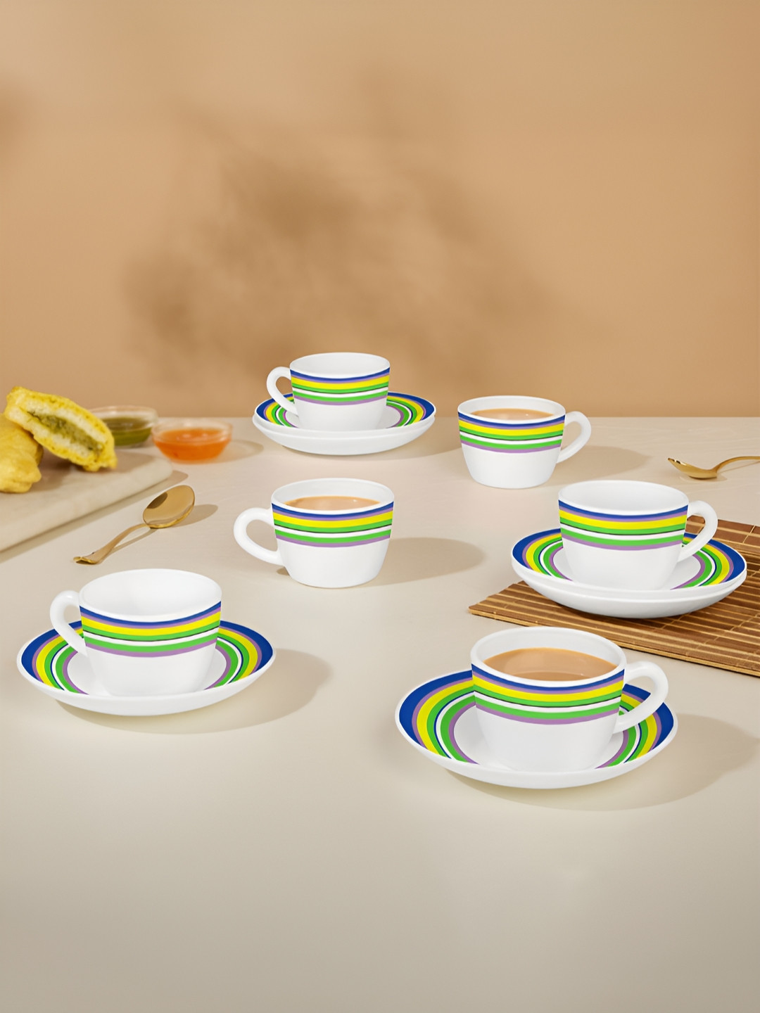 Larah by BOROSIL 12 Pieces White & Green Printed Opalware Glossy Tea Set - 120 ml Each