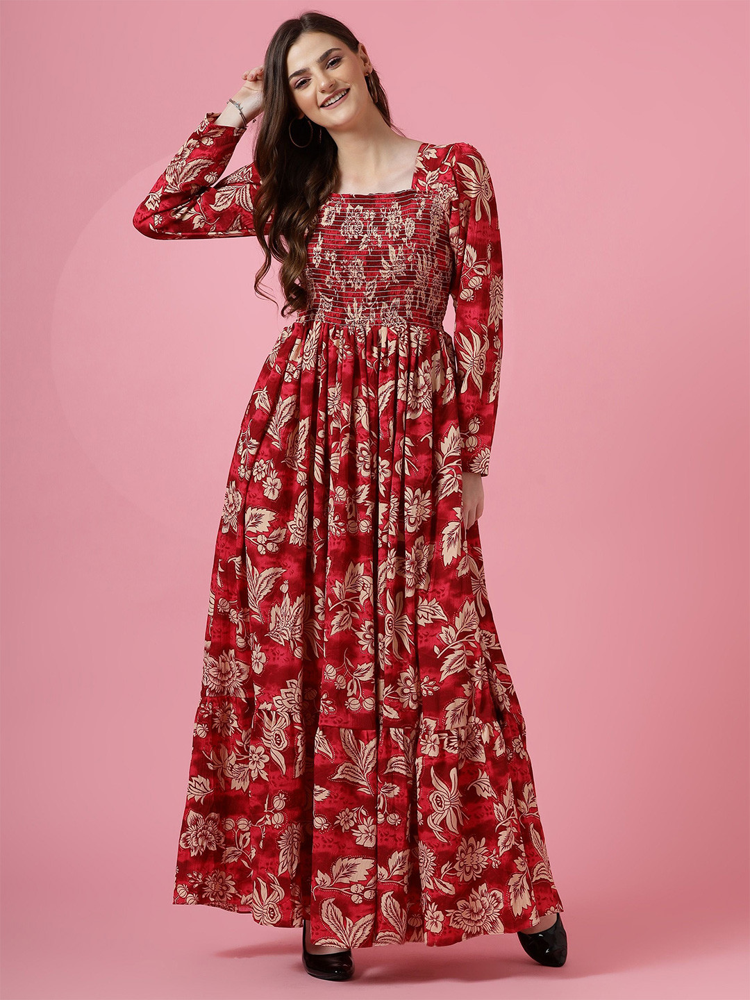 De La Moda Floral Print Georgette Fit & Flare Maxi Dress