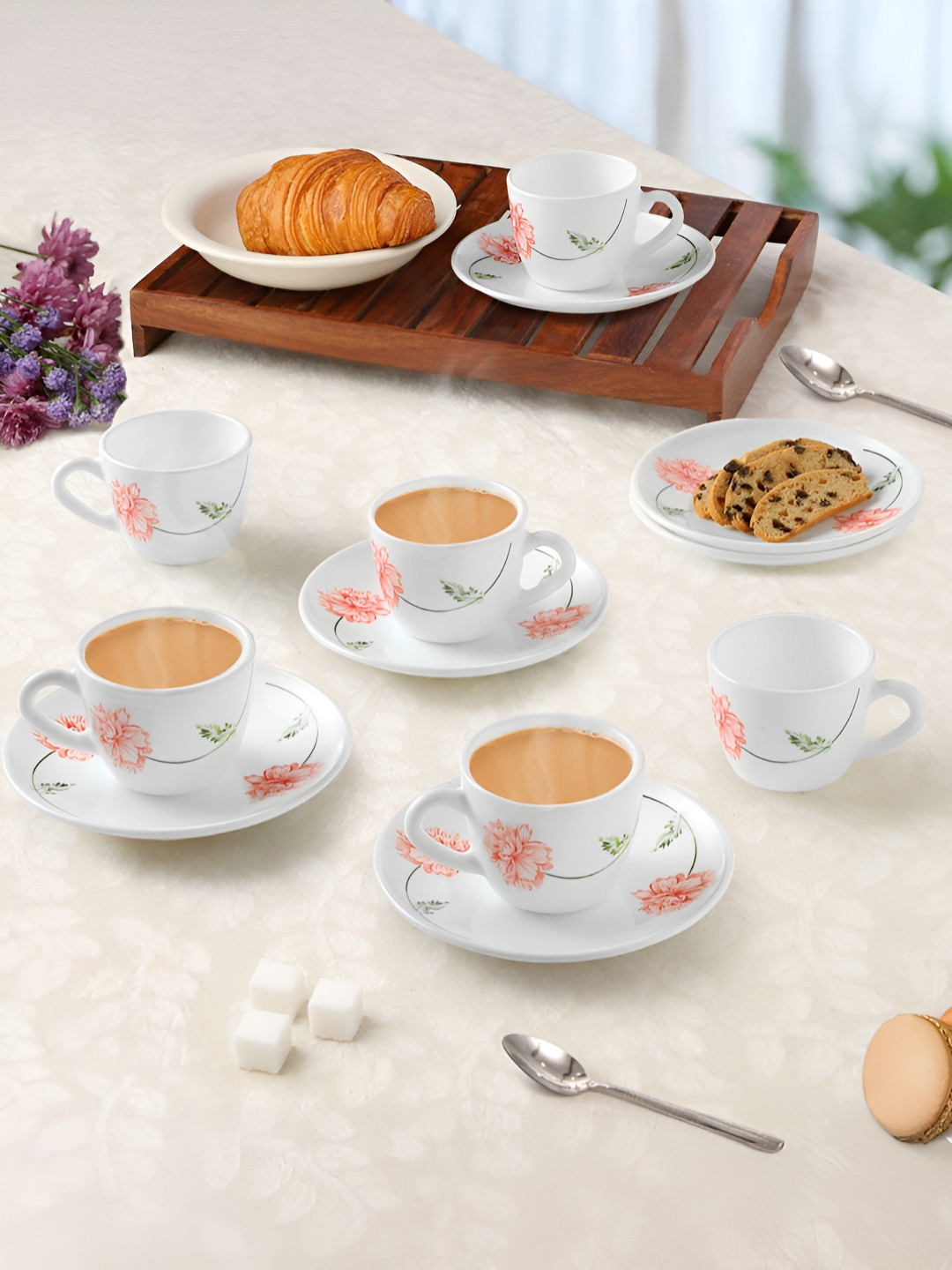 Larah by BOROSIL White & Pink Set Of 12 Printed Microwave Safe Opalware Tea Set
